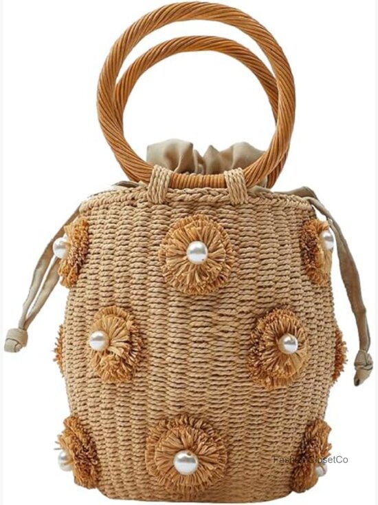 Handbags - Rattan Straw Bucket Bag with Pearl Flowers - Handwoven Summer Beach Tote
